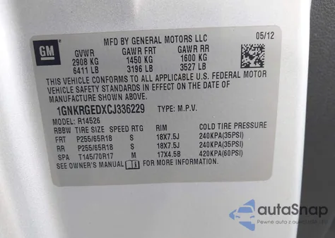 2012 Chevrolet Traverse 1Lt из США, поврежденный, VIN 1GNKRGEDXCJ336229